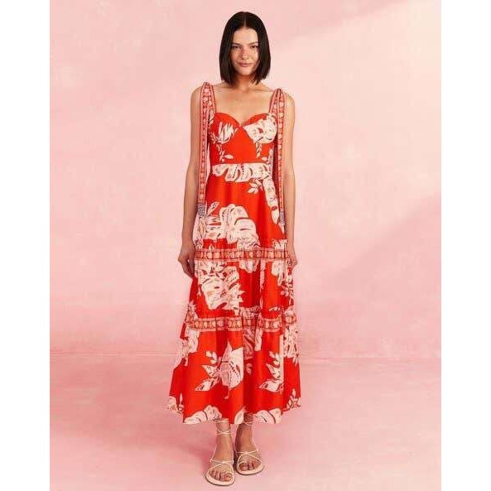 Farm Rio Lace Monsteras Red Midi Dress Tropical Floral Tie Strap Size XS